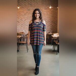 Eye Candy NWT Juniors Plus 2X Cold Shoulder Top - Rainbow Stripe